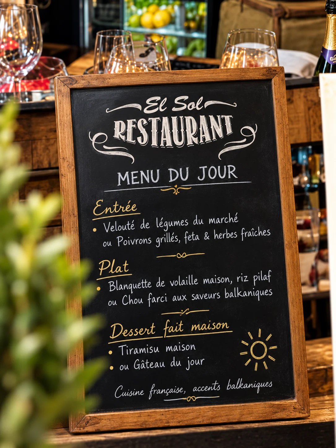La photographie de l’ardoise Mouton Cadet et du menu du jour, dans son cadre en bois, avec son décor d’origine