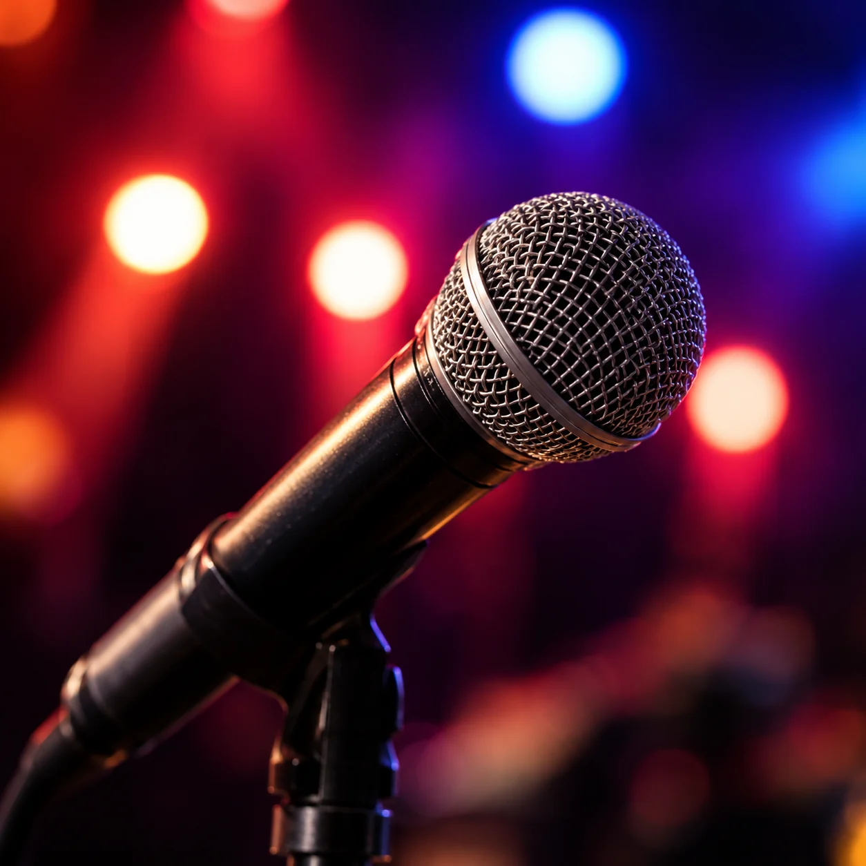 Un microphone net devant les lumières rouges et bleues de la scène