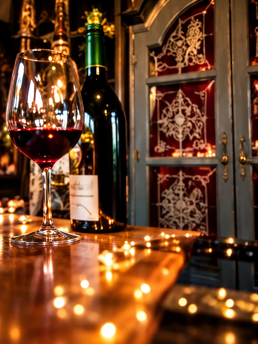 Le gros plan d’origine : verre de vin rouge, bouteilles et lumières chaleureuses
